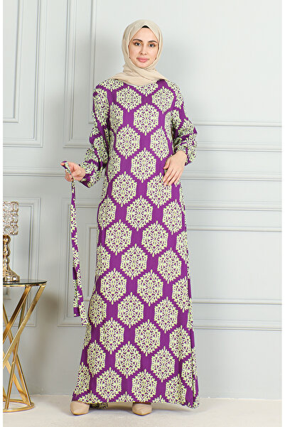 sefamerve Desenli Kuşaklı Viskon Elbise 0493-01 Mor Yeşil