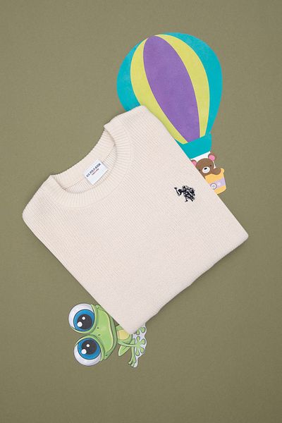 U.S. Polo Assn. سترة أساسية بياقة دائرية كريمية للفتيات 50293601 -vr071