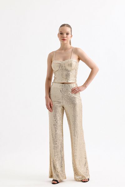 Sense Lined Elastic Waist Sequin Evening Dress Trousers |   Pnt35233 Gold