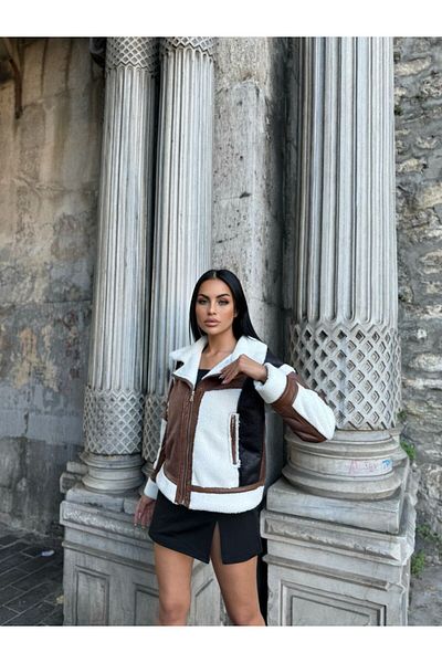 Lin Collection Women's Brown Fur Lined Garnished Piece Detailed Faux Suede Jacket Coat