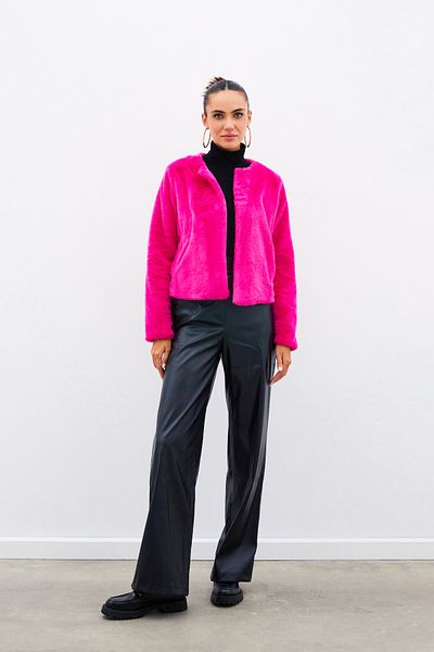 Sateen Fuchsia Collarless Plush Jacket