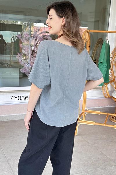 İnce Topuk Linen Blouse - Bat Sleeve, Model 4Y036