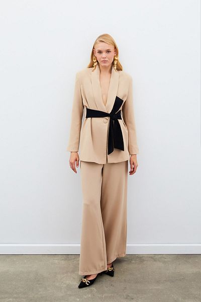 Sateen Beige Loose Crepe Trousers