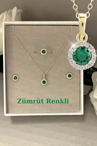 Hepimitu Zümrüt Renkli Taşlı Altın Kolye