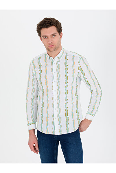 Cacharel Yeşil Slim Fit %100 Pamuklu Çizgili Gömlek 50265585-VR054