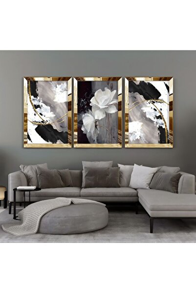 Harikabirev HARİKABİREV | COMBINAT DE FLORI ABSTRACTE ALB-NEGRU-GRI | TABLO MDF CU CADRU PLEXY KRFZ