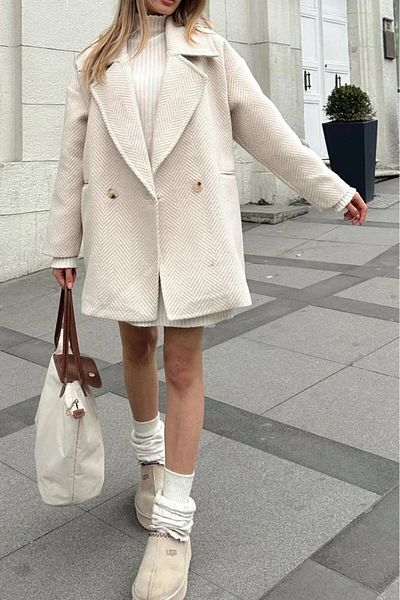Suzi butik Kamenná krémová barva rybí hřbet se vzorem oversize Standardní velikost podšitý krátký kabát