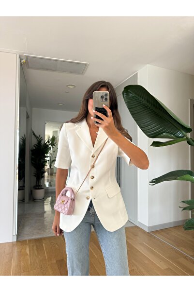 Jungle Short Sleeve Blazer with Waistband-Ecru