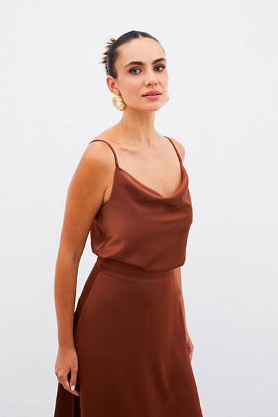 Sateen Satin Degaje Collar Blouse - Brown