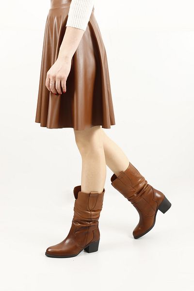 GÖNDERİ(R) Women/Girls Tan Antique Thick Heeled Gusseted Genuine Leather Boots