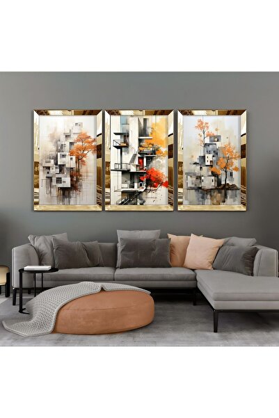 Harikabirev HARİKABİREV|TURUNCU-GRİ-SARI MİNİMAL BİNA  KOMBİNİ |PLEKSİ ÇERÇEVELİ MDF TABLO KRFZ