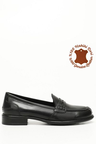 GÖNDERİ(R) Black Gön Genuine Leather Round Toe Short Heeled Loafer Women's Casual Shoes 24138
