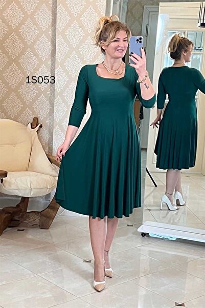 İnce Topuk فستان متوسط ​​الطول بياقة مربعة 1S053