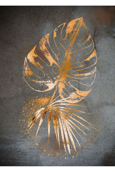 Harikabirev HARİKABİREV - Combinație de frunze și căpriori auriu-gri |   Tablou MDF cu rama din plexiglas KRFZ