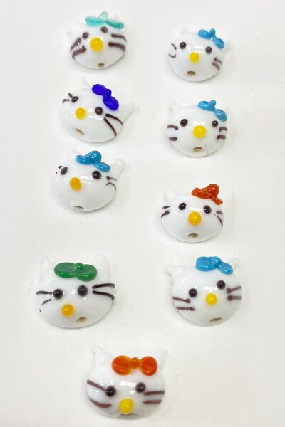 Cat Patterned Glass Bead Necklace Tip White 1 Piece
