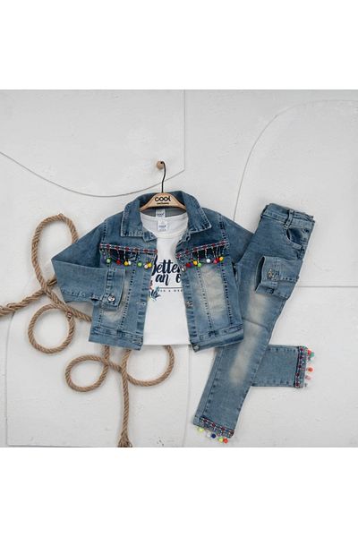 Cool Exclusive Girl's Pompom Jeans Jacket Set