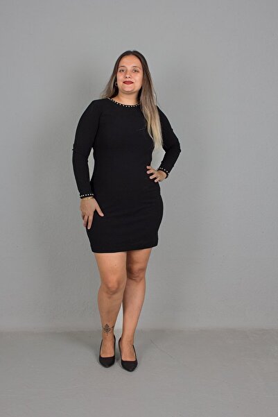 Truva XXL Plus Size Collar and Sleeve Black with Pearl Detail