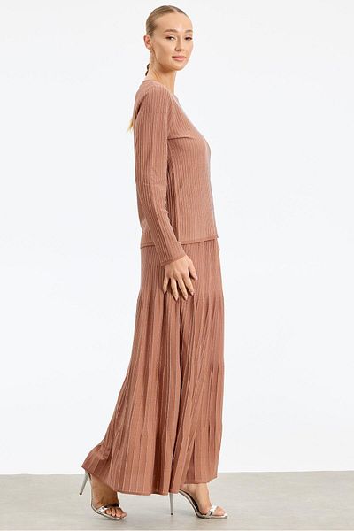 Tığ Triko Rayon Fabric Glittered Skirt Set - Kakao