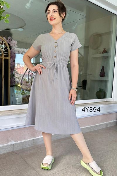 İnce Topuk Elastic Waist Button Detail Dress 4Y394