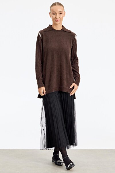 Tığ Triko Omuzları Taş Detaylı Tunik KAHVE