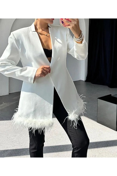 BURCE Altı Otriş Detaylı Uçları Tüylü Blazer Ceket