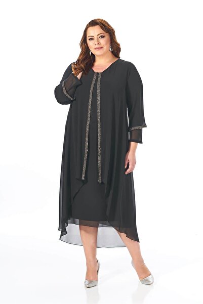 LİLAS XXL 9175 Büyük Beden Şerit Taş Detay Önü Kapaklı Şifon Kısa Elbise