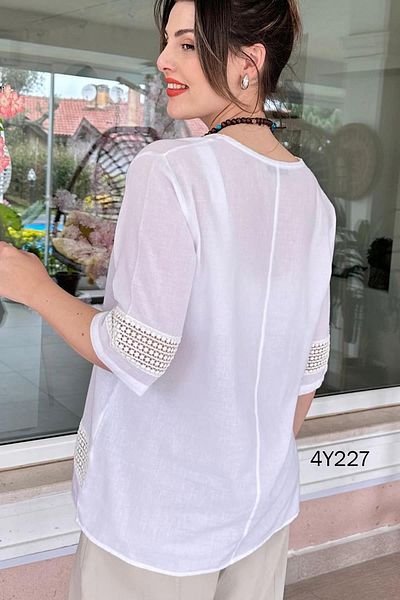 İnce Topuk Linen Embroidered Blouse - 4Y227
