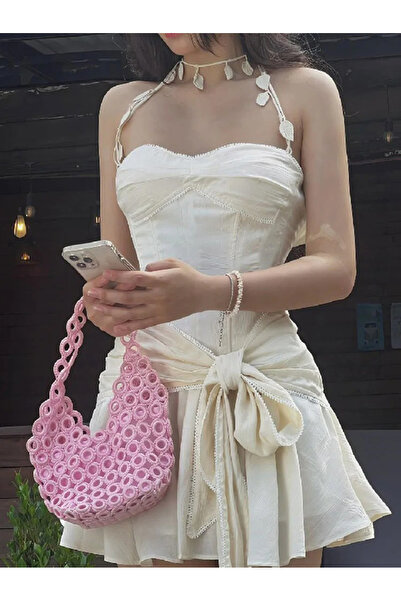 FASHION COCKTAIL Sarmaşık Dolanan Yaprak Aksesuarlı Lastikli Kemerli Askılı Mini Elbise Bej