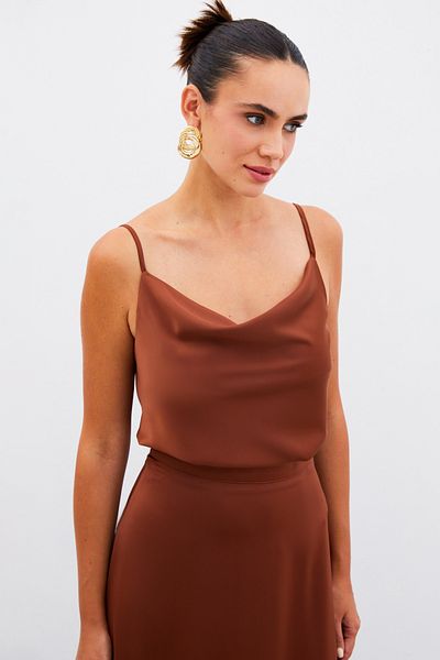 Sateen Satin Degaje Collar Blouse - Brown