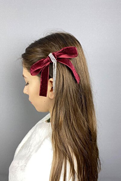 Limelia Бургунди кадифена панделка с камъчета за коса
