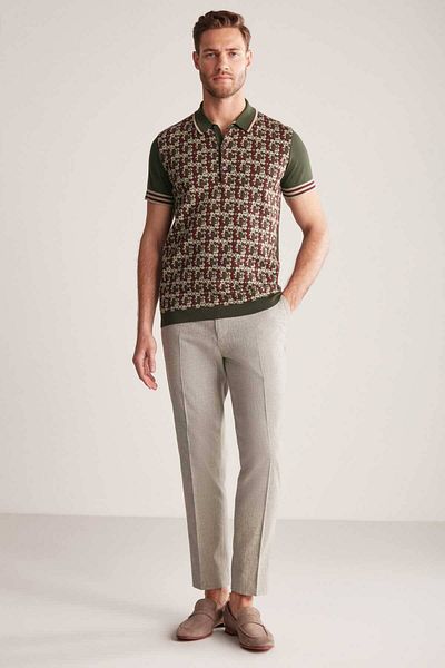 Hemington Silk Cotton Blend Patterned Khaki Knitwear Polo