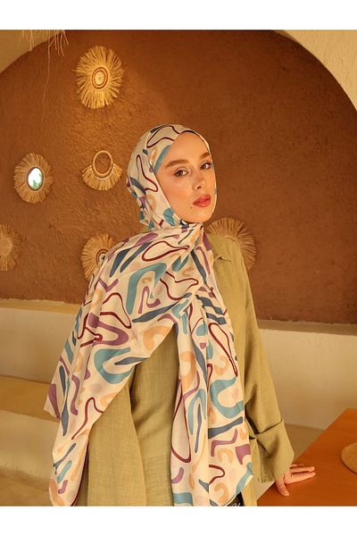 AMİNENESİL Şal din bumbac Modaşmir Amineensil Bej Albastru Prune - Model abstract
