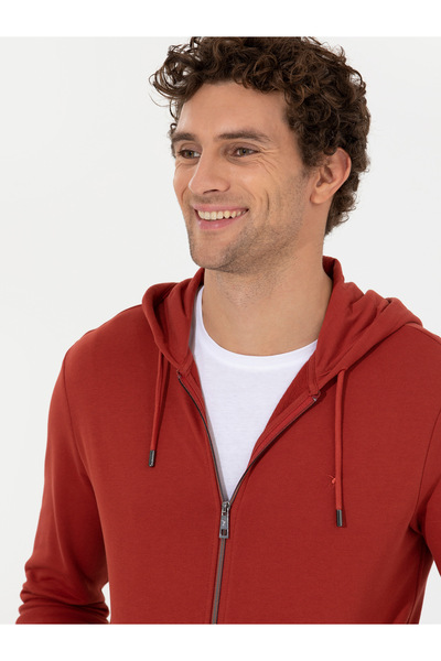 Cacharel Kiremit %100 Pamuk Tam Fermuarlı Kapüşonlu Sweatshirt 50257177-VR031