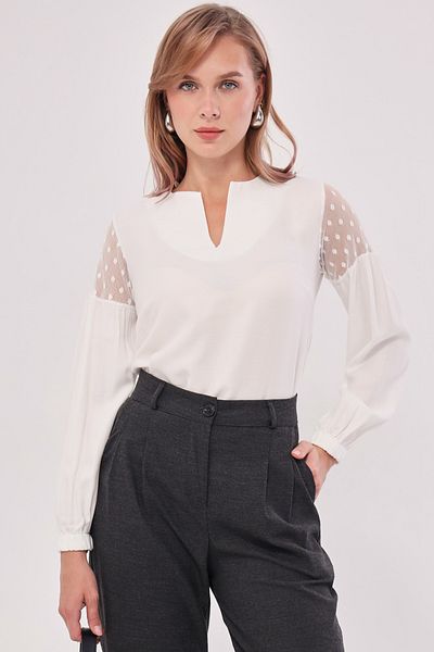 armonika Γυναικεία μπλούζα μπαλόνι από τούλι λευκό μανίκι με λαιμόκοψη ARM-20K001038