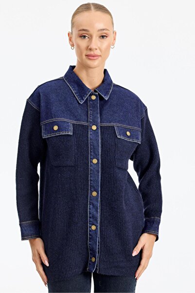 Tığ Triko Yakası Robası Kot Detaylı  Ceket LACİVERT