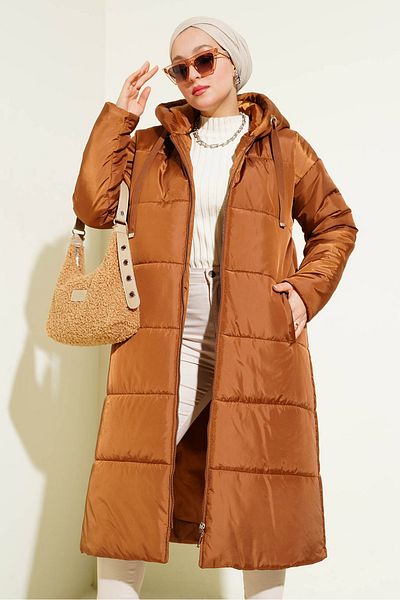 Bigdart T5120 Hooded Long Puffer Hijab Coat - Tan