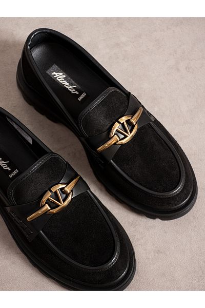 Alemdar Shoes Black Suede Buckle Detail Women's Loafer