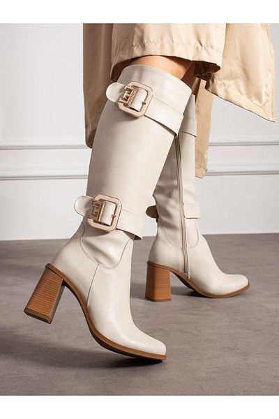 Alemdar Shoes Γυναικείες μπότες CALVİNA με κρεμ αγκράφα με χοντρό τακούνι
