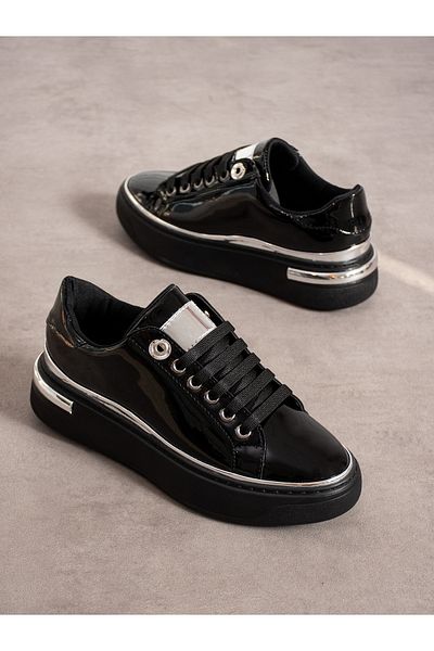 Alemdar Shoes Pantofi de damă LUXE din piele neagră lacuită cu detaliu argintiu