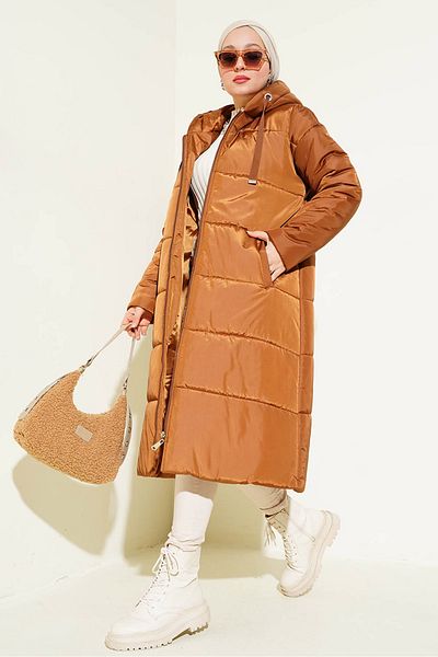 Bigdart T5120 Hooded Long Puffer Hijab Coat - Tan
