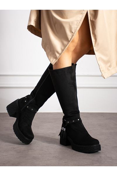 Alemdar Shoes Черни велурени дамски ботуши с пискюли Mi̇les
