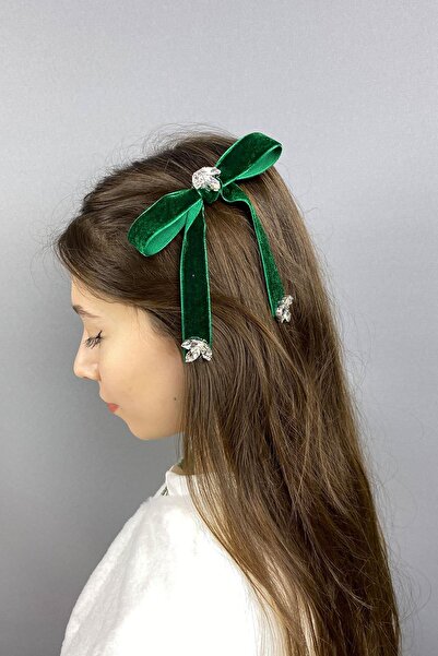 Limelia Agrafă de păr cu fundă cu pietre cu panglică de catifea verde