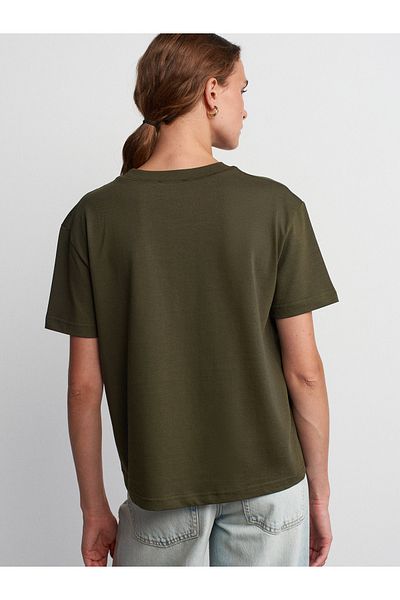 Dilvin 30312 Decorative Stitched Crew Neck T-Shirt-Dark Khaki