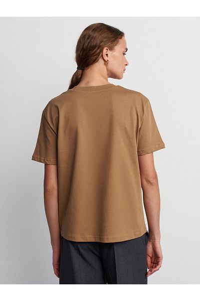 Dilvin 30312 Crew Neck Stitched Decorative T-Shirt - Camel
