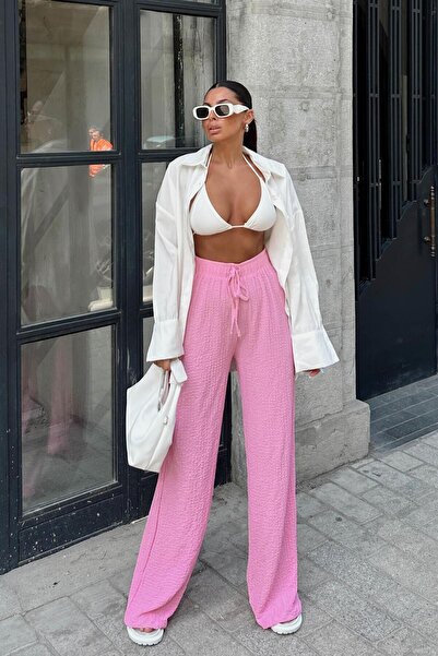 mylove Elastik Belli Gofre Salaş Pantolon Pembe