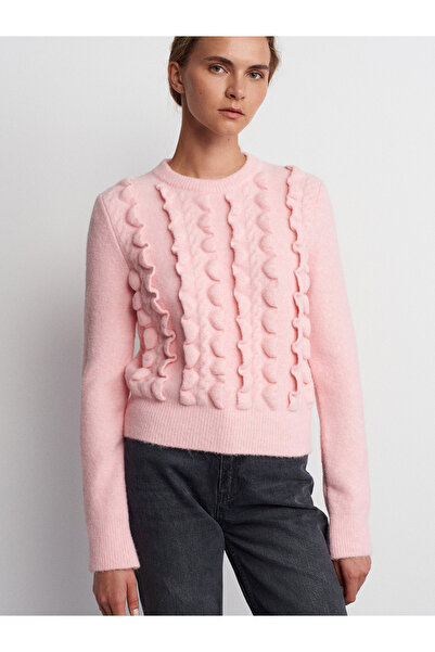 Dilvin 10642 Crew Neck Frilly Knitwear Sweater-Pink