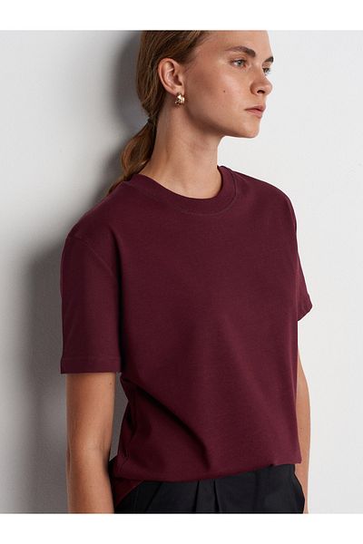 Dilvin 30312 Tricou cusut decorativ cu decolteu rotund-Roșu Claret