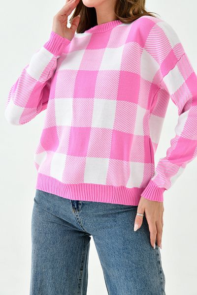 lovebox Plaid Patterned Women's Knitwear Sweater - Crew Neck 0122