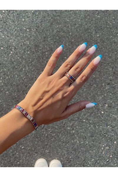 Alsem Renkli 925 Ayar Su Yolu Yüzük ve Bileklik Seti , Renkli Taşların Işıltı...