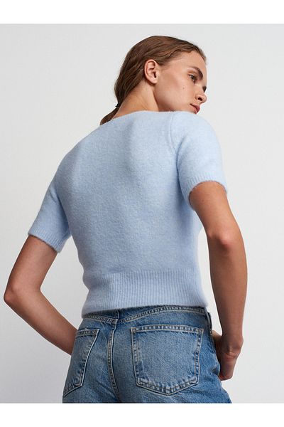Dilvin 10651 Pulover de tricotaj cu mânecă scurtă, cu textura moale, decolteu, albastru